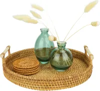QUVIO Tablett mit Griffen - Rattan - Dekorative Tabletts - Präsentationstabletts - Wohnaccessoires - 28 cm (d)