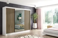 ALTDECOR Kleiderschrank mit Spiegel und Lamel-Schiebetüren, kugelgelagerte Führungsschienen und Aluminium-Leisten, LED-Beleuchtung und Fernbedienung - VILO - 250 cm - Weiß/Lamelle Eiche Wotan