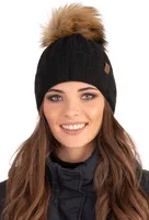 Vivisence Damen Mütze Mit Kunstpelzbommel Hergestellt Aus Warmem Garn Mit Strickmützen Modischem Gewebe Stilvoll Aufgerollt Mit Weichem - Schwarz