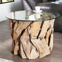 riess-ambiente Handgearbeiteter Couchtisch RIVERSIDE 60cm Teakholz runde Glasplatte Massivholz Beistelltisch Tisch