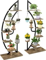 2 Stück Pflanzenstaender Halbmondfoermig & 6-Stufig, Blumenregal mit 8 Ablagen & 1 Haken, Blumenstaender mit 2 Installationsmethoden & Kippsicherung, Pflanzenregal für Garten Balkon