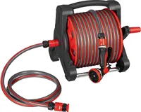 Juskys Schlauchtrommel mit 30 m Wasserschlauch und Multifunktionsbrause - Mobiler Schlauchaufroller mit Wandhalterung, Düse – Rot Grau