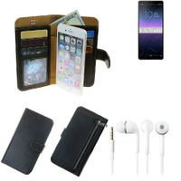 TOP SET Handy Hülle Schutz Hülle kompatibel mit Sony Xperia 10 II  schwarz aus Kunstleder + Kopfhörer Smartphone Tasche vollwertige Geldbörse