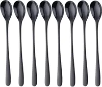 Löffel mit langem Griff, Gold Edelstahl Eisteelöffel Set of 8 für Cocktailrühren Tee Kaffee Milchshake Kaltgetränk，Schwarz
