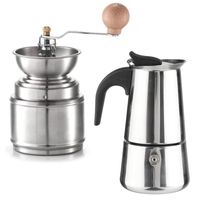Kaffeemühle mit Keramikmahlwerk & Espressokocher für 2 Tassen Edelstahl Mahlmaschine Individuelle Mahlgradeinstellung Espresso Mokkakanne