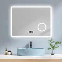 EMKE LED koupelnové zrcadlo 80x60cm nástěnné zrcadlo se 3 barvami světla 3000-6500K koupelnové zrcadlo s dotykovým spínačem + ochrana proti zamlžení + hodiny + trojnásobné zvětšení make-up zrcadlo IP44 úspora energie