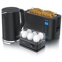 Arendo Frühstücks-Set Wasserkocher 1,5l, 4-Scheiben Toaster, 6er Eierkocher, Schwarz