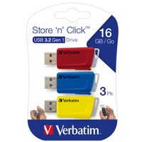 VERBATIM USB 3.2 Drive 16GB 3er-Set Storen Click, rot-blau-gelb