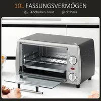 HOMCOM Mini Backofen 10 Liter 750W Kleiner Elektrobackofen mit Temperatur bis zu 230 ℃ Timer 60 Minuten Backblech und Rost 36,5x26x22 cm Silber