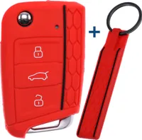 Auto Schlüssel Silikon Schutz Hülle + Schlüsselband im Wabe Design Rot kompatibel mit VW SEAT Skoda Golf 7 Leon Octavia 3 Tasten Klappschlüssel