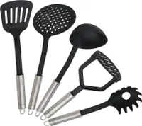 Fackelmann Küchenhelfer-Set OVALGRIFF, Kochbesteck für beschichtete Pfannen und Töpfe, Kochzubehör aus hochwertigem Edelstahl und Kunststoff (Farbe: Silber/Schwarz), Menge: 1 x 6er Set