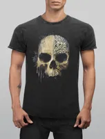 Herren Vintage Shirt Bedruckt Totenkopf Totenschädel Skull Tattoo Tribal Printshirt T-Shirt Aufdruck Used Look Neverless® schwarz M
