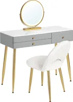 WOLTU Schminktisch mit Beleuchtung, einstellbare LED Spiegelleuchte, Frisiertisch mit 3 Schubladen, große Tischplatte 100x40 cm, Kosmetiktisch mit Samthocker, Grau + Gold