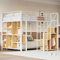 Flieks Etagenbett 140x200cm mit Bücherregal, Hochbett Metallbett mit Treppe und Kleiderstange, Kinderbett mit Rausfallschutz und Lattenrost, Weiß