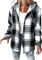 ASKSA Damen Winterjacke Karierte Hemdjacke Wolljacke Fleece Gefuettert Warme Kapuzenjacke Laessige Knopfleiste Jacke Mantel mit Taschen (Schwarz,M)