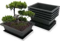 Blumentopf, Blumentopf eckig, Bonsaischale mit Untersetzer, Bonsaitopf-Set aus Kunststoff, Pflanztopf für Garten, 6-tlg. Blumentöpfe groß mit Tablett