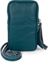 styleBREAKER Damen Leder Handy Umhängetasche mit genarbter Oberfläche, Reißverschluss, Echtleder Mini Bag 02012374, Farbe:Petrol