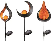 3-er Set Solar Metall Gartenstecker / Solarstecker (Mond, Flamme, Tropfen) | Glaskugel in Bruchglas-Optik | Höhe: ca 93 cm