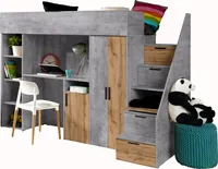 Etagenbett für Kinder Konkret 14 Stockbett mit Treppe, Kleiderschrank und Schreibtisch (Beton + Wotan Eiche)