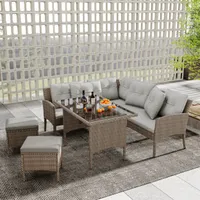 Flieks Rattan Gartenmöbel Set 7 Personen, Terassenmöbel Balkonmöbelset 4-tlg mit Kissen, Gartenlounge Set Loungemöbel Gartengarnitur Sitzgruppe, Khaki