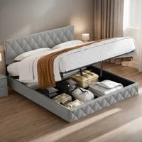 okwish Boxspringbett Polsterbett 180 x 200 cm mit Kopfteil in Knopfnahtverzierung, Hydraulisches Stauraumbett mit Bettkasten Stauraum, Doppelbett Jugendbett mit Lattenrost aus holz und Metallrahmen(Ohne Matratze)- Hellgrau