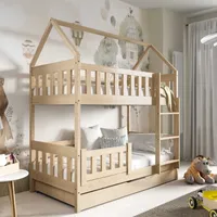 Etagenbett mit Matratzen und Schublade 160 x 80 cm Hausbett mit Rausfallschutz, Leiter, Kinderbett in Kiefer POLA