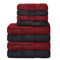 Komfortec 8er Handtuch Set aus 100% Baumwolle, 4 Badetücher 70x140 und 4 Handtücher 50x100 cm, Frottee, Weich, Towel, Groß, Schwarz/Aurorarot