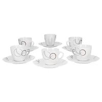 zestaw 6 filiżanek do kawy 20cl i spodek do kawy 14,5cm Palazzo - wykonane z białej porcelany z dekoracyjnymi okręgami w kolorze szarym i ciemnoczerwonym