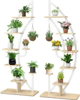 GOPLUS 2er Set 6-stöckiger Blumenständer Metall-Pflanzenständer, halbmondförmiger Leiter-Pflanzgefäß mit Haken, Blumentopfregal, Ausstellungsregal