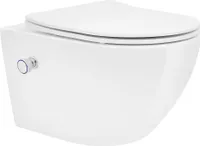 LuxeBath závesné WC bez ráfika dlhé 52 cm, biele, z keramiky s funkciou bidetu, WC s mäkkým zatváraním Soft-Close odnímateľné WC sedadlo Duroplast