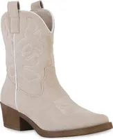 VAN HILL Damen Stiefeletten Cowboy Boots Stickereien Schuhe 840203, Farbe: Beige Velours, Größe: 39