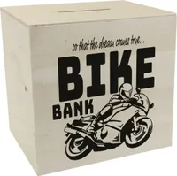 Bike Bank Spardose aus Holz in schwarz zum Thema Motorradkauf und Motorrad