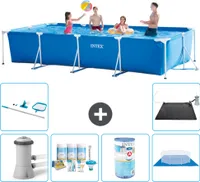 Bazén Intex s obdélníkovým rámem - 450 x 220 x 84 cm - modrý - včetně balíčku pro údržbu čerpadla - filtru - ochranné plachty - čisticí sady - solární podložky