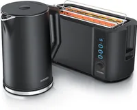 Arendo 2-teiliges Frühstücks-Set, Edelstahl Wasserkocher ELEGANT 1,5l, 4-Scheiben Langschlitztoaster, Schwarz
