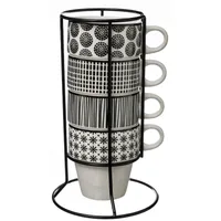 Zestaw 4 filiżanek porcelanowych na stojaku, kubki do kawy, komplet kubków, porcelanowe kubki, kubki na stojaku