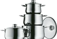 WMF Diadem Plus zestaw garnków 4-częściowy, stal nierdzewna Cromargan polerowana, garnki ze szklaną pokrywką, garnki indukcyjne, garnek indukcyjny, bez powłoki