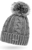 Damen Strick-Mütze gefüttert Fell-Bommel Kunstfell Winter-Mütze Bommelmütze Neverless® Hellgrau unisize