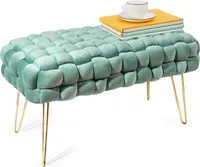 Theo&Cleo Moderner Velvet SitzBank, Quadratisch Ottoman-Fußhockermit goldfarbenen Metallbeinen, Gepolsterte SitzBank,Strick Samt Bank