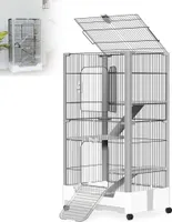 LZQ Kleintierkäfig mit Rollen & Schloss – 4 Ebenen, Metallkäfig mit Plattformen, Leitern & Kotwannen für Kaninchen, Meerschweinchen & Frettchen, Weiß/Grau