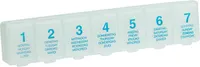 Stammartikel Pillenbox "Simple" 7 Tage transparent 3x15cm, blauer Druck Blisterkarte