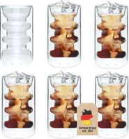 Intirilife 6x Doppelwandiges Thermo Glas - Rillen Style - 260ml Füllmenge - Mundgeblasen isoliert für Latte Macchiato, als Teeglas oder Kaffeeglas mit Henkel