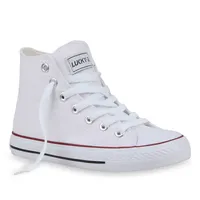 Mytrendshoe Damen Sneakers High Top Kult Schuhe Sportschuhe Schnürer 72104, Farbe: Weiß Rotstreifen Lucky, Größe: 44