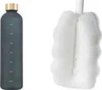 1 l fľaša na vodu, fľaša na pitie, sýtená, motivačná stupnica, elegantná, nepriepustná, udržateľná, robustná (čierna s čistiacou kefkou)