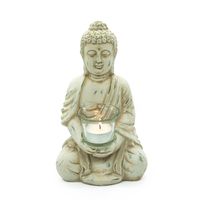 Buddha auf Holz-Tablett mit Teelichthalter Räucherstäbchen Sand Steine 22x14 cm 