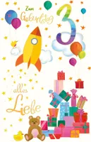 3. Geburtstag - Karte mit Umschlag - Rakete und Geschenke