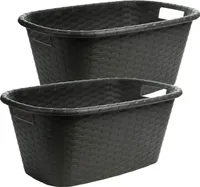2er Set Kunststoff Wäschekorb in Rattan-Design Wäschewanne mit Griffen schwarz