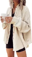ASKSA Damen Waffelstrick Bluse Hemdjacke Fledermausärmel Button Down Strickjacke Jacke, Aprikose, M