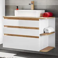 Badezimmer Waschtisch mit Keramik-Waschbecken CAMPOS-56, Hochglanz weiß mit Wotaneiche, B/H/T: ca. 94/63,5/50 cm