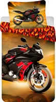 Pościel dziecięca dwustronna motyw motocykl czerwony płomienie czarny rower kołdra 140 x 200 + poduszka 70 x 90 cm 100% bawełna z zamkiem błyskawicznym