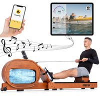 Vodní veslařský trenažér Merax s LCD displejem a aplikací, vodní veslařský trenažér s ergonomickým veslařským sedadlem, realistický pocit z veslování, veslařský trenažér z pravého dřeva pro domácnost, Brown